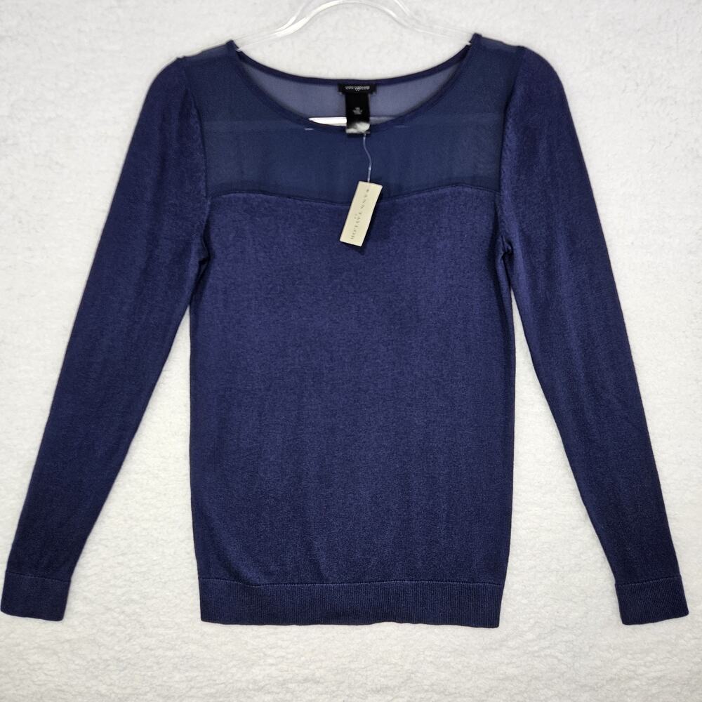 Anne Taylor Cotton Blend Dark Blue Fitted Sweater Chiffon Sheer Detail Womens XS